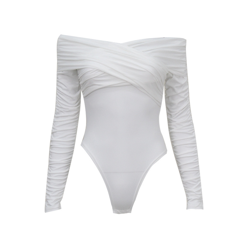 Ropa transfronteriza europea y americana, gran oferta, mono plisado de manga larga con cuello en V y un hombro, mono ajustado de cintura alta para mujer