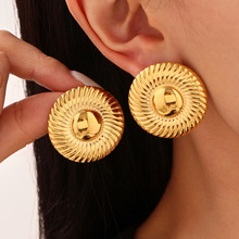 琼瑶 厚镀18k真金不锈钢拼色螺纹大圆盘耳钉时尚走秀款欧美风耳环