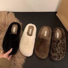 豹纹厚底毛毛拖鞋女外穿2025秋冬新款加绒包头半拖鞋毛茸茸棉拖鞋