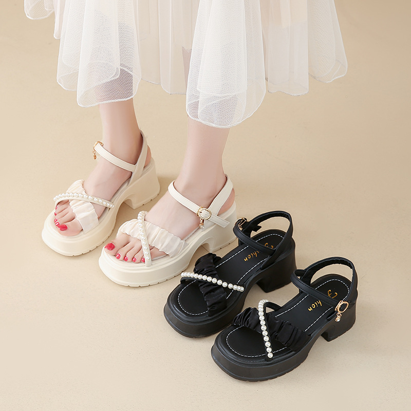 爆款凉鞋女中跟2025年夏季新款网红仙女配裙小个子厚底高跟鞋粗跟