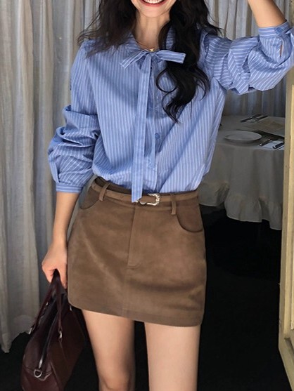 pusumede 转角街头 蓝色蝴蝶结绑带条纹衬衫女长袖衬衣气质上衣|undefined
