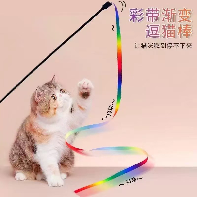Cat Toy Ribbon Teaser Wand Double-Sided Rainbow Ribbon Self-Entertainment Boredom-Relief Cat Interactive Gadget Pet Supplies