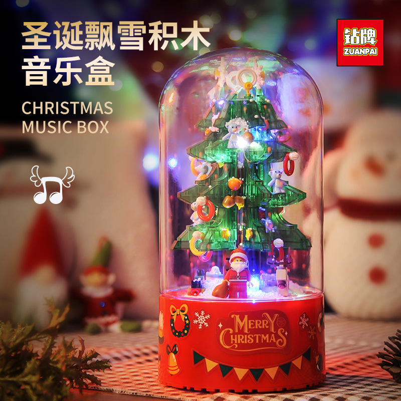 Compatible con la nieve flotante árbol de Navidad alta caja de música giratoria ensamblaje bloques de construcción juguetes para niños y niñas regalos de Navidad