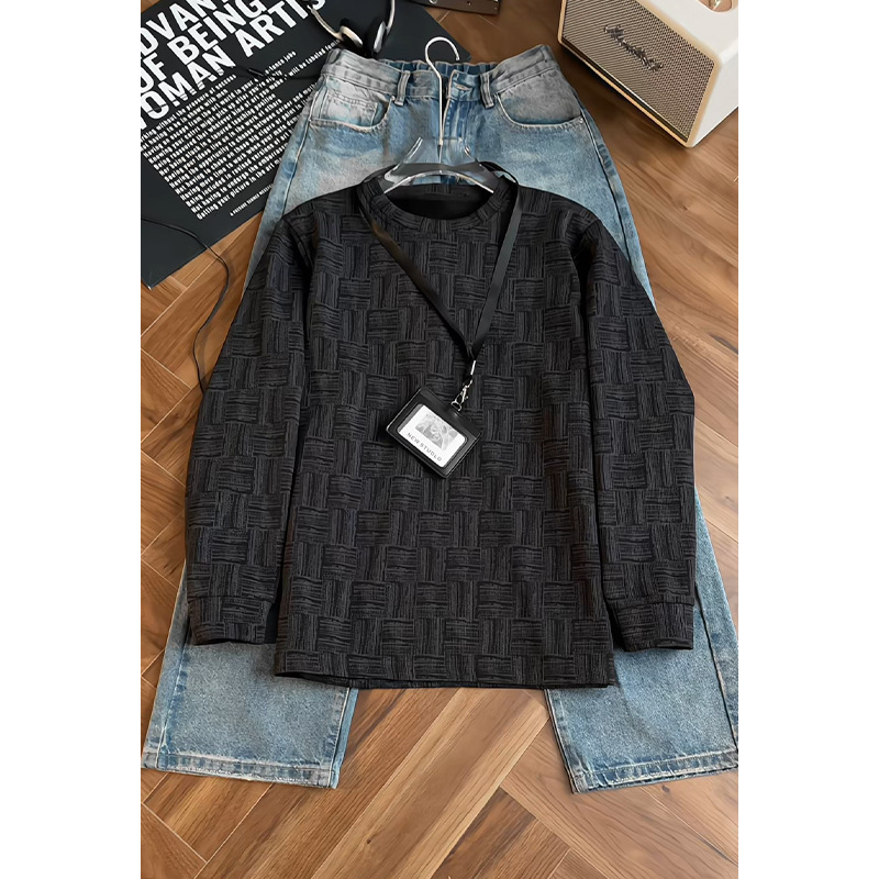 Textured Plaid Heavyweight Sweatshirt For Men, Spring Trendy Brand, Stylish And Sophisticated Long-sleeve T-shirt,_voghion.com