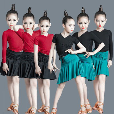 Black with green Latin ballroom dancing dresses for girls Children  Latin dance skirt girls short-sleeved dance clothing Ballroom dancing skirts for kids