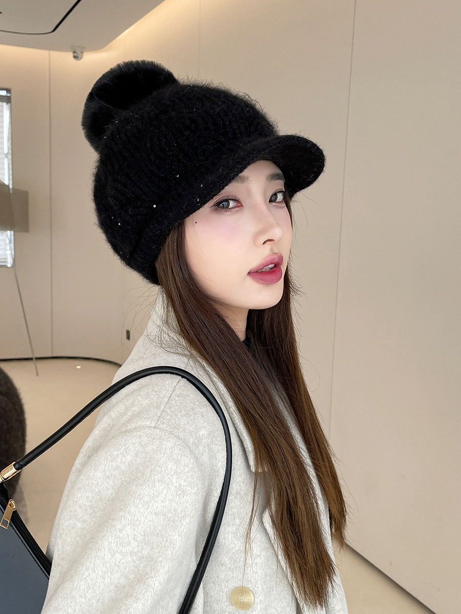 Autumn And Winter Velvet Rabbit Fur Women's Baseball Cap Texture Sequin Wool Ball Knitted Duckbill Cap Trend Warm Hat Yarn Cap_voghion.com