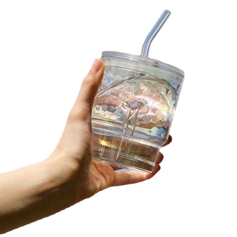 Colorido láser taza de bambú Oficina de agua de vidrio taza hogar simple bebida taza de café con tapa transparente taza de paja