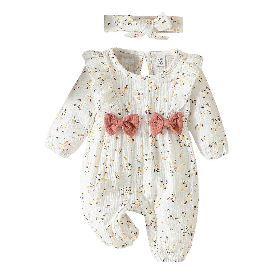 Comercio exterior Amazon transfronterizo bebé 0-Junio gatear ropa pequeña floral largo mameluco + banda de pelo