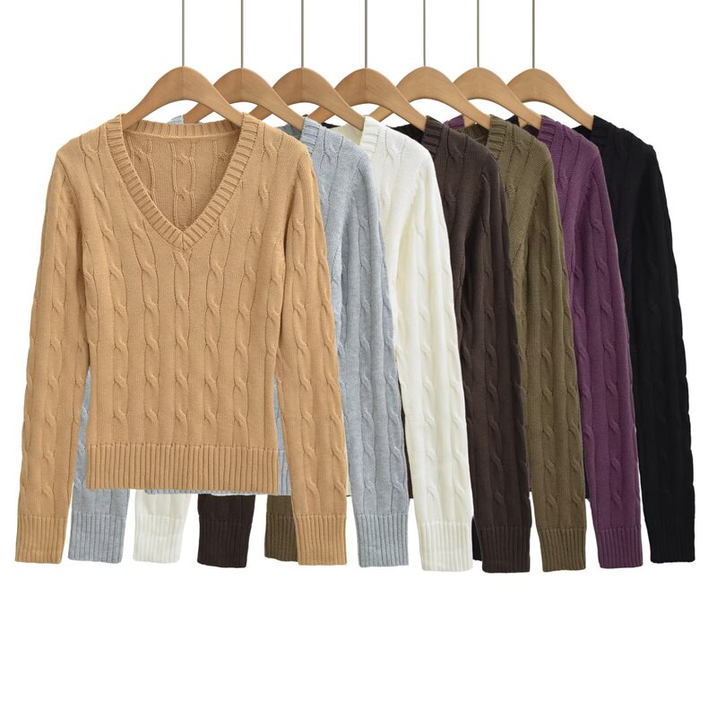 (Mei Mei Xuan) New Autumn French V-neck Long-sleeve Knit Sweater, Simple Slim-fit Base Top with Cable Knit Design