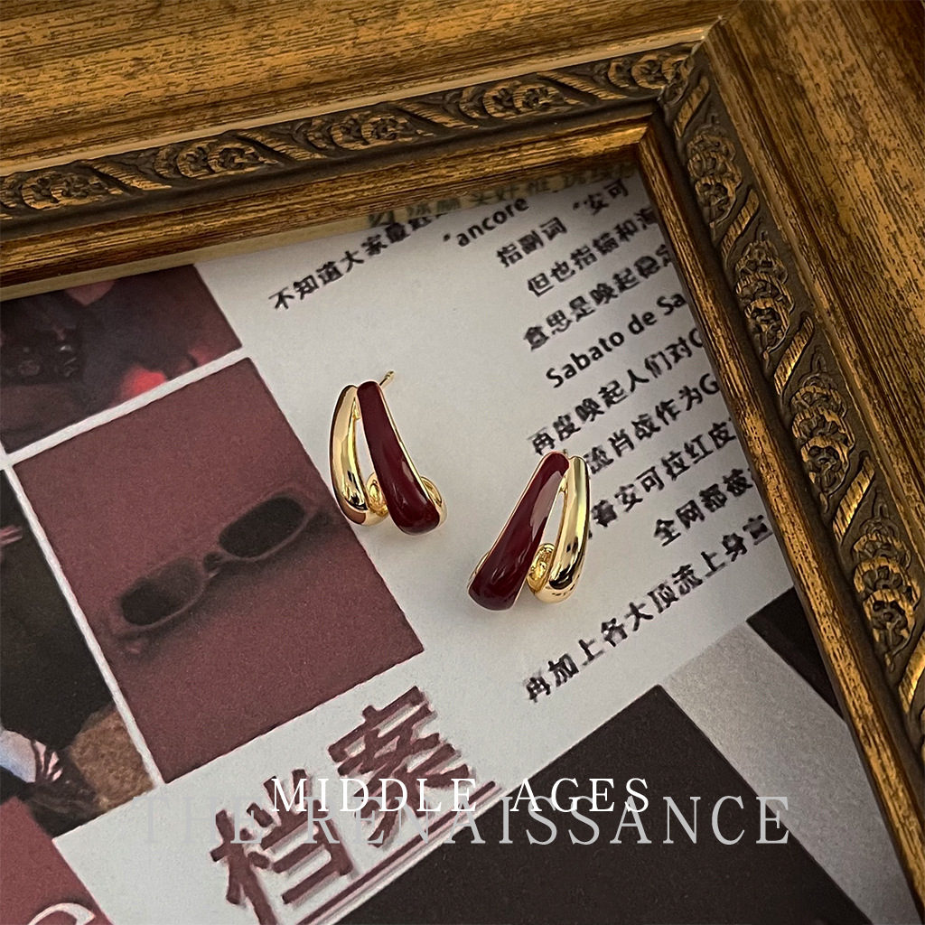 Vintage double stripe geometric anchor red earrings oil drop retro french