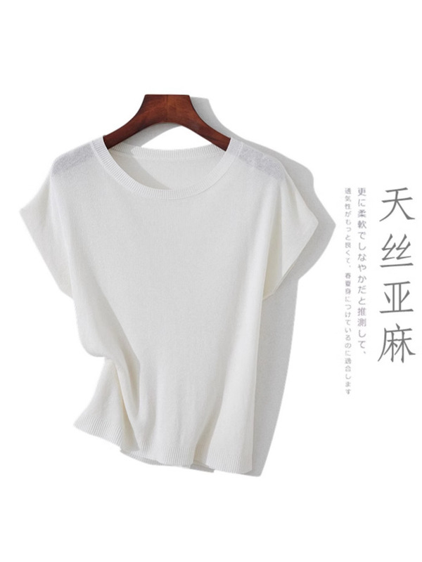 テンセルリネンセーター半袖Tシャツレディース2025夏万能痩身ボトムシャツ無地トップルーズ|undefined