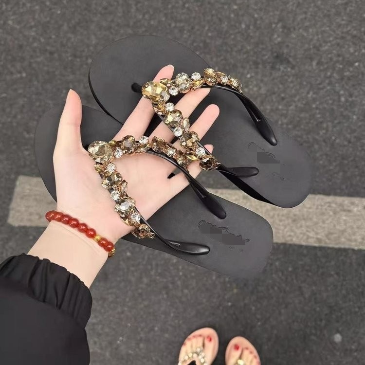 Corea del Sur tacones gruesos diamante flip flops para mujeres 06 verano nuevo anti-deslizante aumento de altura de playa de vacaciones sandalias