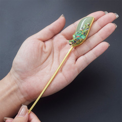 富貴牡丹髮簪女中式古風鎏金仿和田玉燒藍髮釵盤發一字簪子批發