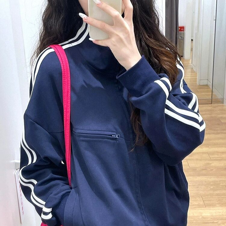 American Style Retro Neutral Style Baseball Suit Sweatshirt Coat Women's Spring and Autumn Loose Lazy Style Vertical Collar Jacket Women's Top American Style Retro Neutral Style Baseball Suit Sweatshirt Coat Women's Spring and Autumn Loose Lazy Style Vertical Collar Jacket Women's Top