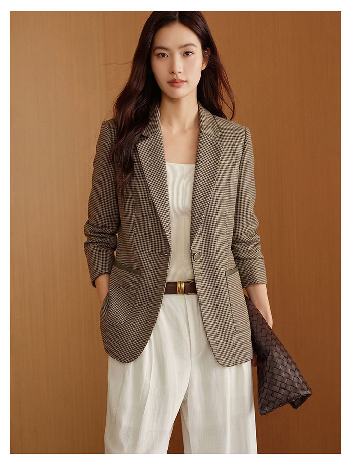 Áo vest nữ dáng trung dài họa tiết kẻ ô, tay dài cổ vest một hàng khuy — Xanh lá cây nhạtcolor chi tiết 11