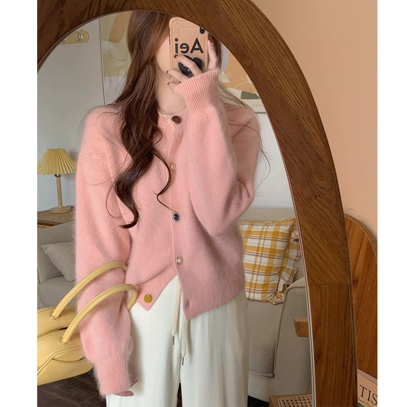 Pink gentle soft glutinous style mohair sweater cardigan women's autumn and winter lazy high-grade knitted coat chic top