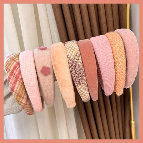 2024 gentle pink headband spring and summer sweet girl high skull plush sponge wide-brimmed headband pressing hair headband