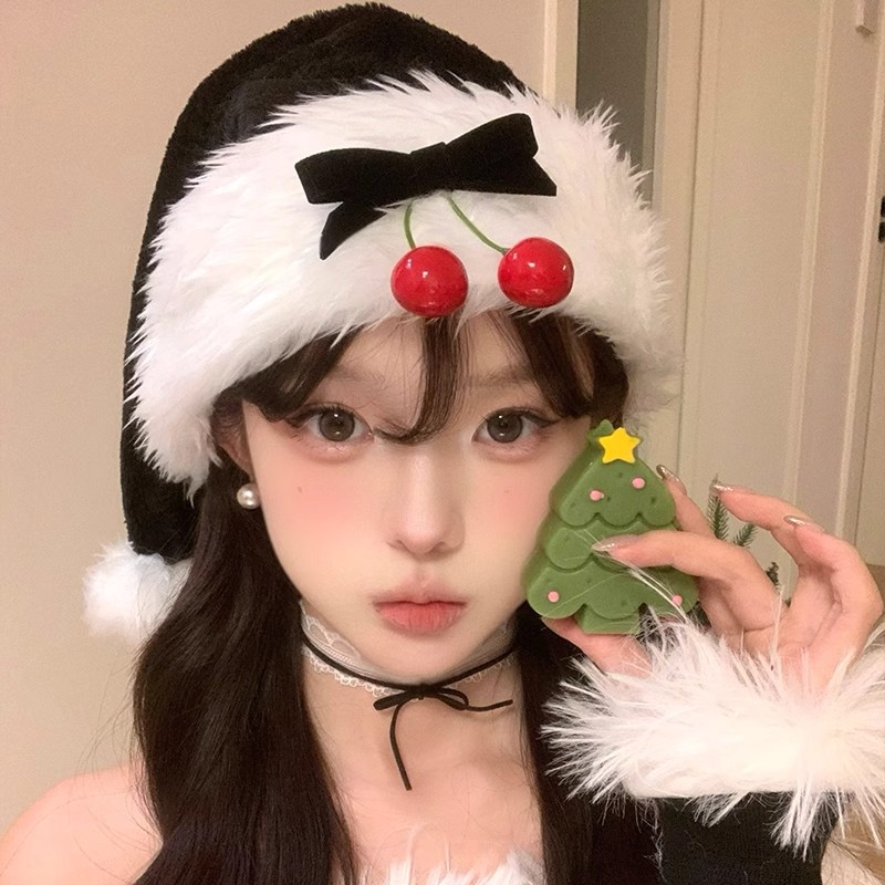 원래 가을, 겨울 체리 활 플러시 산타 모자 크리스마스 COS 의류 사진 머리 장식 크리스마스 모자
