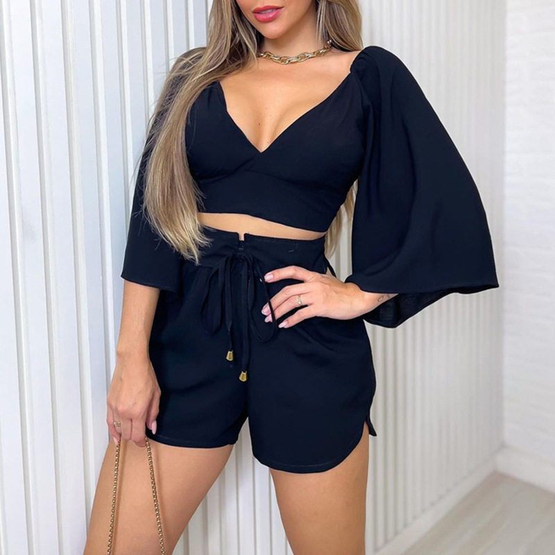 European and American women's 2023 spring new products V-neck backless flared sleeve shirt high waist shorts fashion casual suit