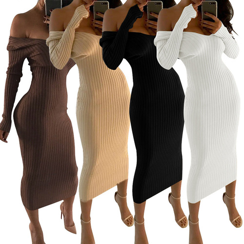 Wish Best-Selling Women's Western Nightclub Sexy Off-the-Shoulder Long Dress, V-Neck Long-Sleeve Dress for Women