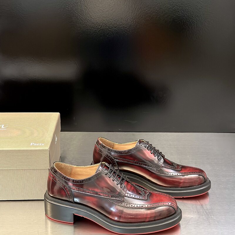 Original Brand New Genuine Leather Thick-Soled Derby Shoes for Men, Business Formal Leather Shoes, Casual Wedding Shoes, Slip-On Shoes with Red Soles
