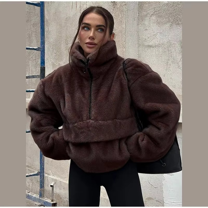 European and American Retro Pullover Mink Fur Sweatshirt, Warm Solid Color Fur Jacket, Stand-Up Collar Brown Faux Fur Coat European and American Retro Pullover Mink Fur Sweatshirt, Warm Solid Color Fur Jacket, Stand-Up Collar Brown Faux Fur Coat