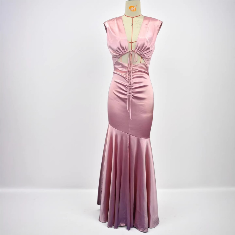 Deep V-Neck Drawstring Hollow-Out Design Slim Fit Hip-Hugging Fishtail Hem Sexy and Elegant Banquet Maxi Dress Dc-170