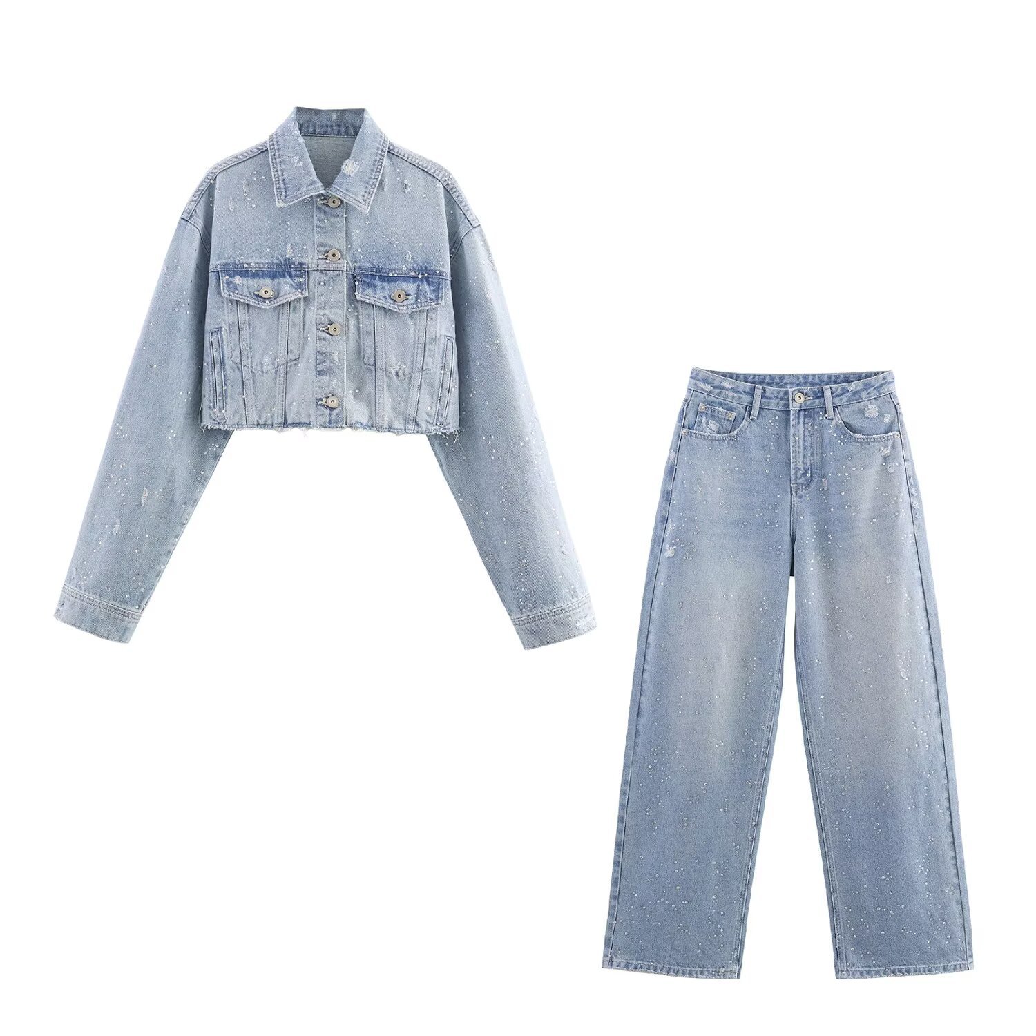 Qadın denim ceket və cins şalvar dəsti, daş bəzəkli