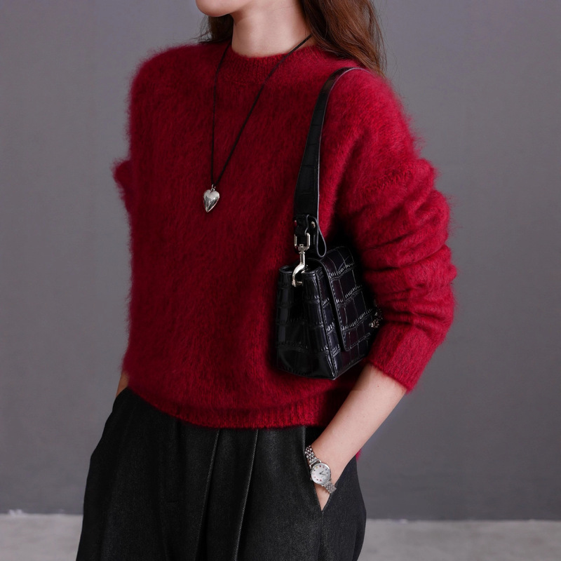 Christmas and New Year Red Cashmere Brushed Sweater, Cashmere Sweater, Brushed Long-Haired Thick Pullover Base Shirt, Outerwear for Women