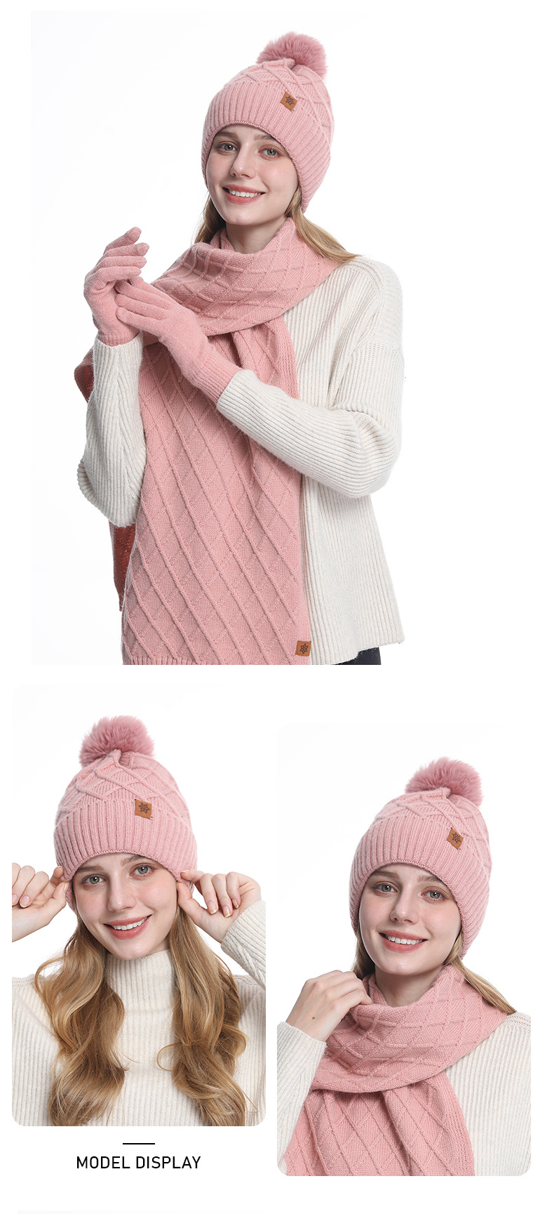 Knitted Hat, Glove, Scarf, Women's Winter Warm Double Layer Velvet Outdoor Cycling Ear Protection, Knitted Hat_voghion.com