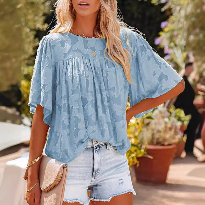 2022 Europe and the United States cross-border Amazon cute pleated horn sleeve doll round neck lace summer floral shirt