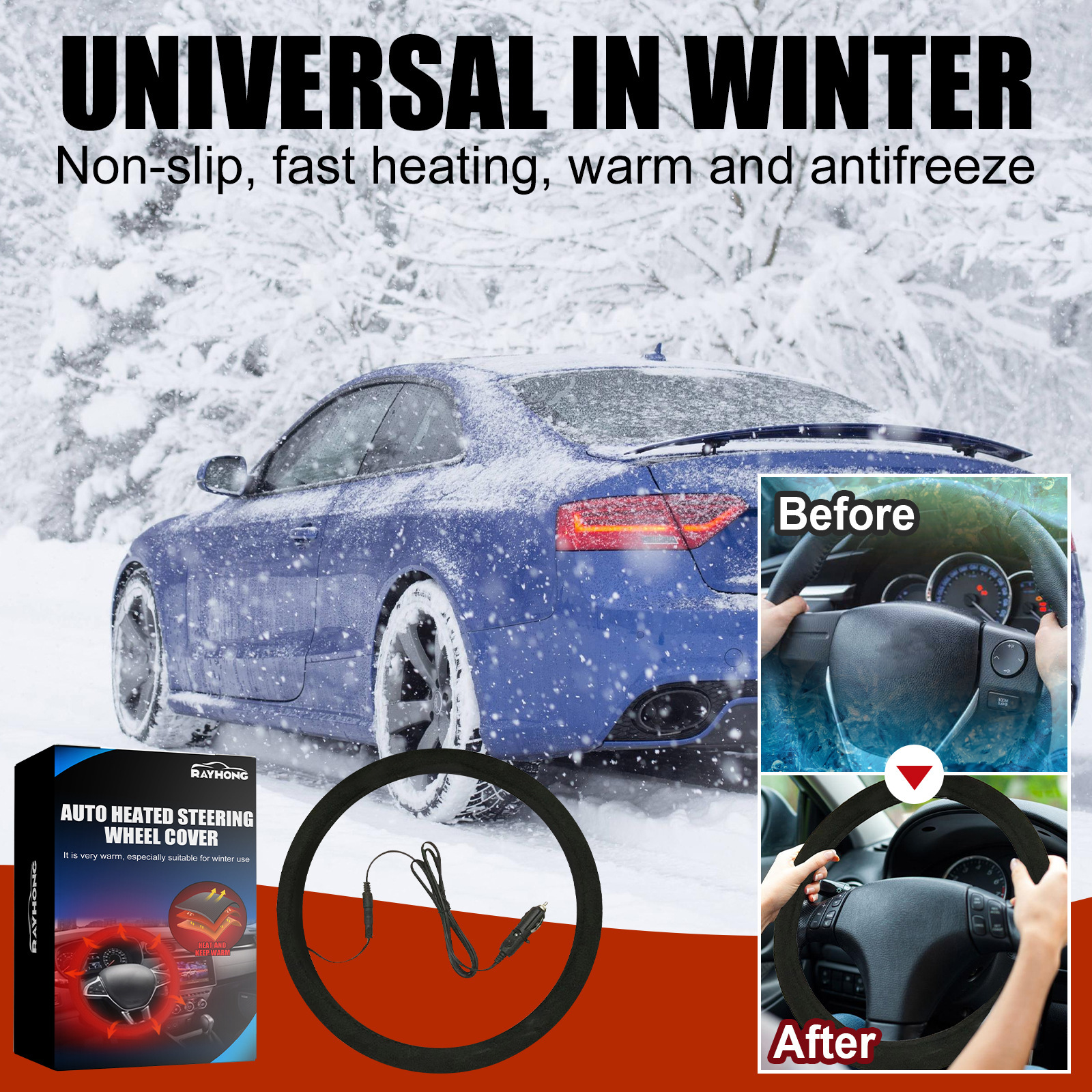 Rayhong Heated Car Handlebar Cover Universal Steering Wheel Cover Steering Wheel Hand Warmer Quick Heating Protective Cover