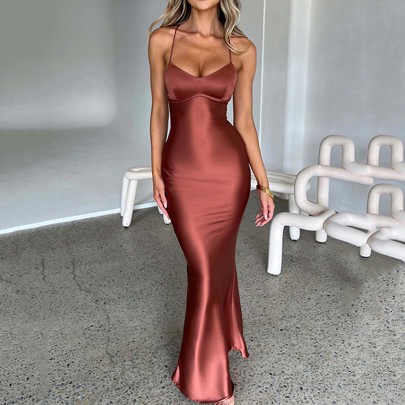 Simple Satin Tie Waist Strap Long Dress Birthday Party Wedding Banquet Slim Fit Dress dress Simple Satin Tie Waist Strap Long Dress Birthday Party Wedding Banquet Slim Fit Dress dress