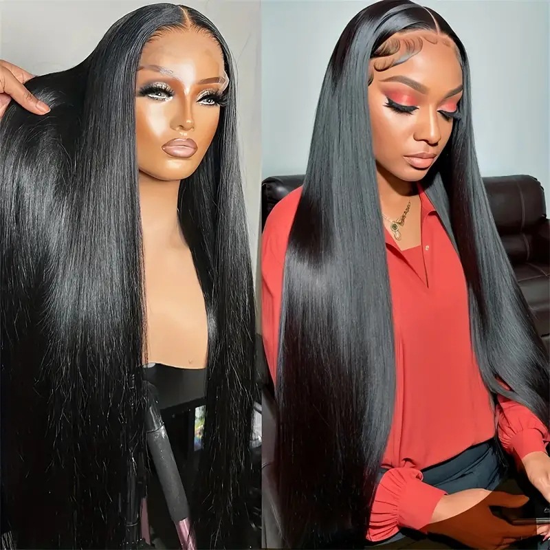 Perruque longue et lisse de style européen/américain, raie au milieu, cheveux synthétiques, texture ondulée, taille moyenne._voghion.com