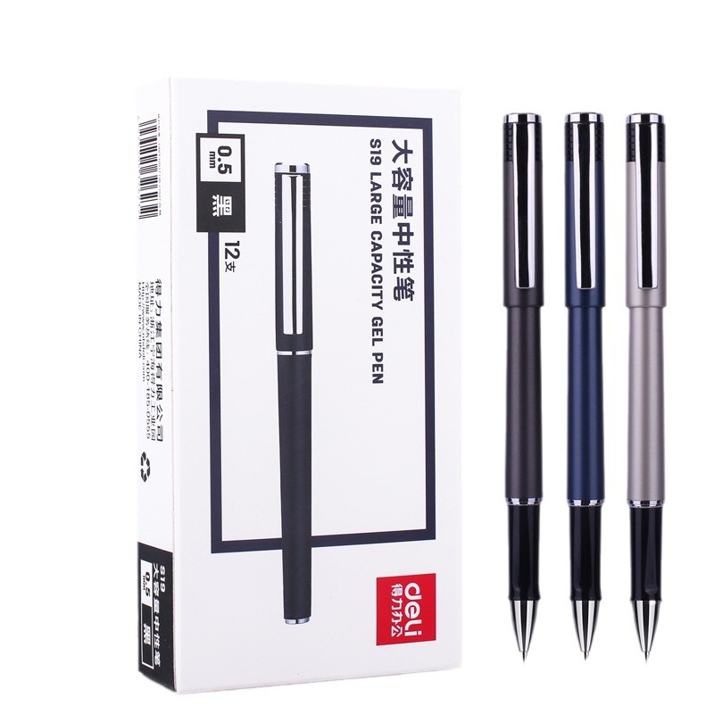 Deli S19 pluma de gel de gran capacidad textura de metal negro 0,5mm tire del tipo de tapa estudiante pluma de gel para uso de oficina