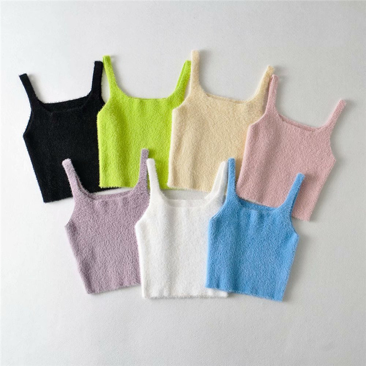 YPFF New Fashion Women's Summer European and American Solid Color Sexy Slim-Fit Slimming Short Mink Wool Knitted Camisole Vest YPFF New Fashion Women's Summer European and American Solid Color Sexy Slim-Fit Slimming Short Mink Wool Knitted Camisole Vest