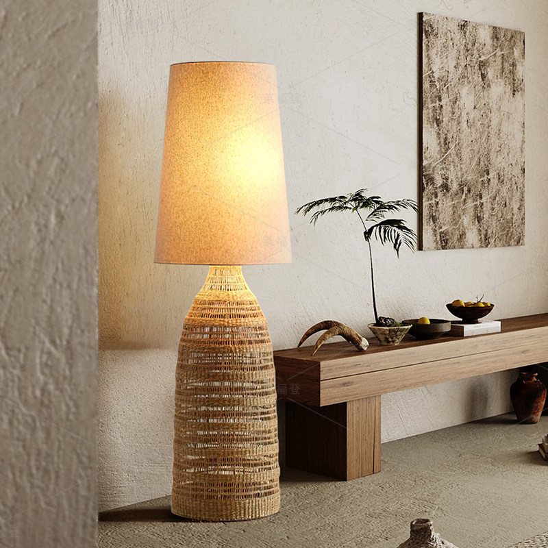 Japanese wabi-sabi style living room decorative floor lamp, vintage high-value designer rattan-woven Nordic fabric standing lamp Japanese wabi-sabi style living room decorative floor lamp, vintage high-value designer rattan-woven Nordic fabric standing lamp