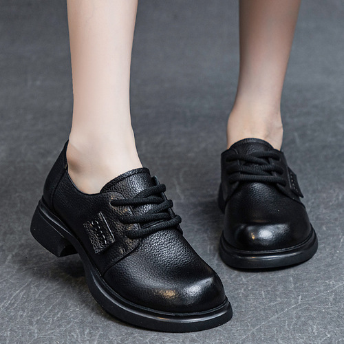  Autumn New Women's Single Shoes with Thick Heel, Medium Heel, Soft Sole, Washed Head Layer Soft Calfskin Laced Four Seasons Deep Mouth Shoes