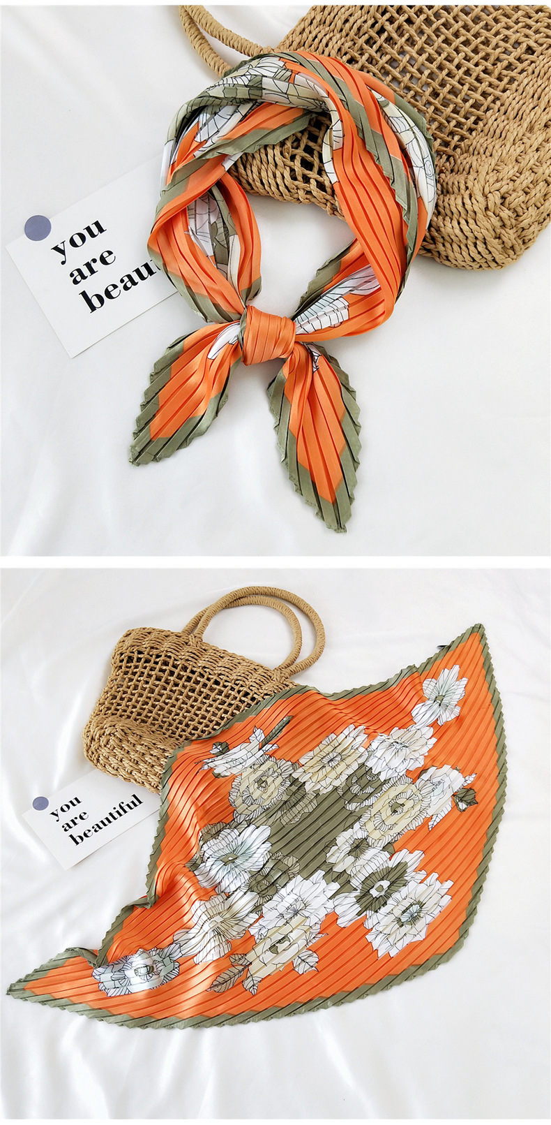 45g Weight Silk Scarf Classification Travel Occasion Silk Material Unisex Gender Sweet Style Khaki, Grey, White, Red, Green, Blue, Yellow, Black Color Korean Pleated Silk Square Scarf 18