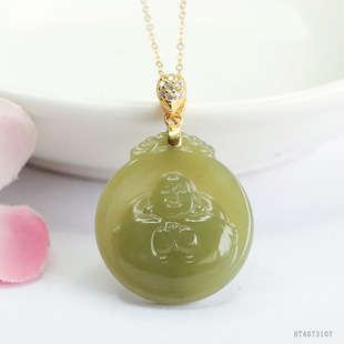 Yuyu S925 silver inlaid natural Hetian jade Buddha pendant Qingshui hugging Buddha necklace wholesale generation HT4073107