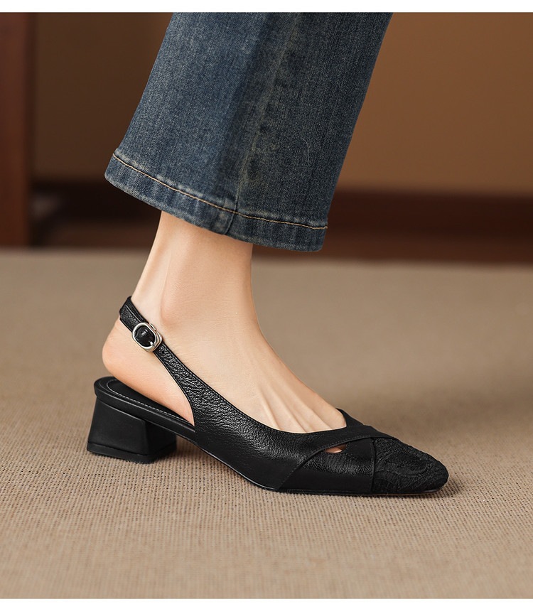 Sandal cao gót nữ hở mũi da cừu lưới phối màu quai ngang khóa — màu đen, màu trắng ngà chi tiết 24