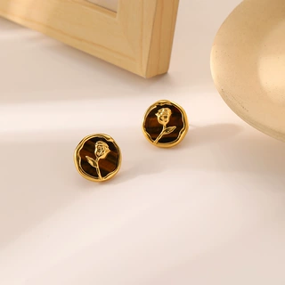 法式复古圆形虎眼石玫瑰花耳钉高级感时尚个性简约气质美拉德耳饰