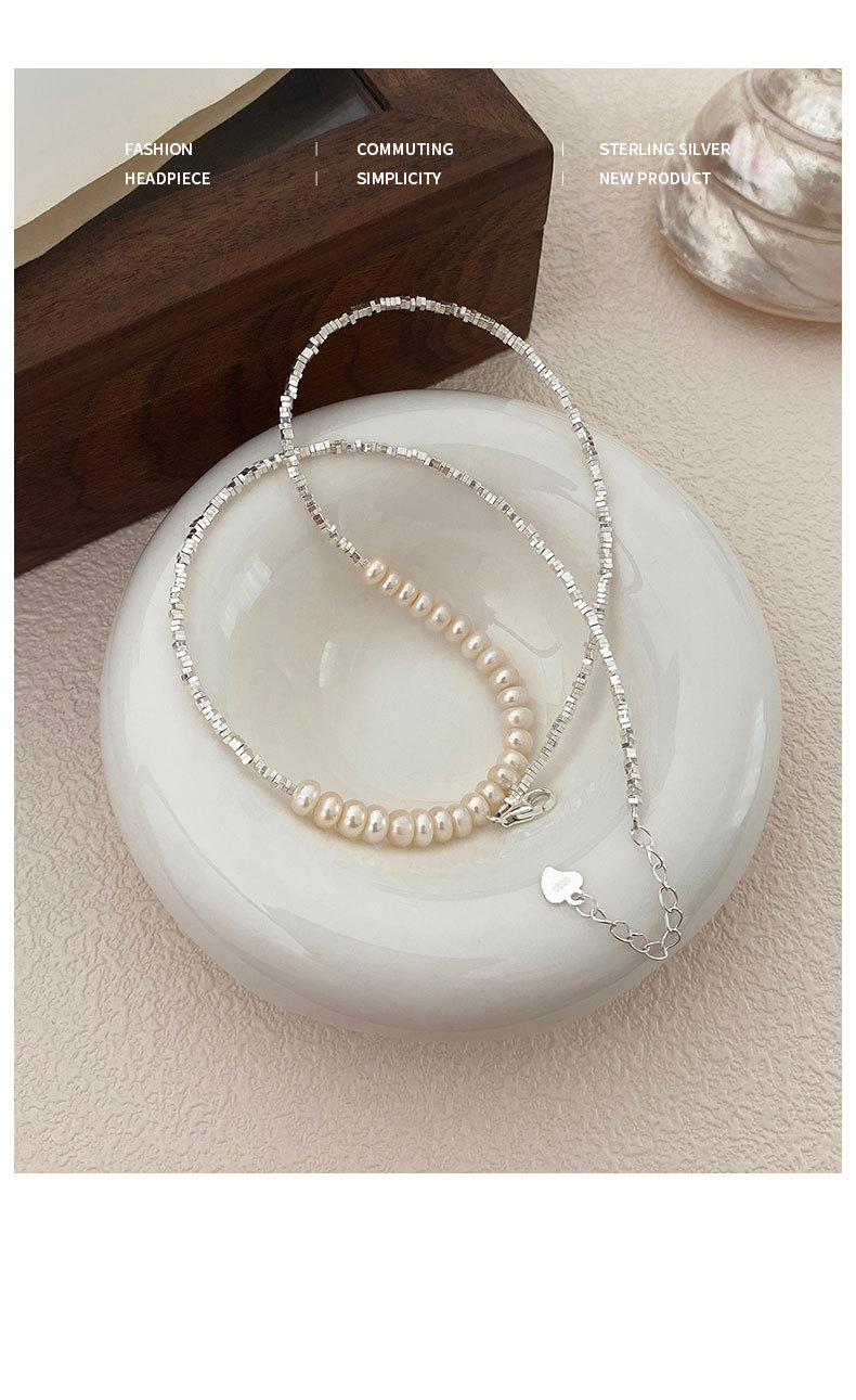 Sterling Silver Elegant Simple Style Beaded Pearl Geometric Necklace display picture 5