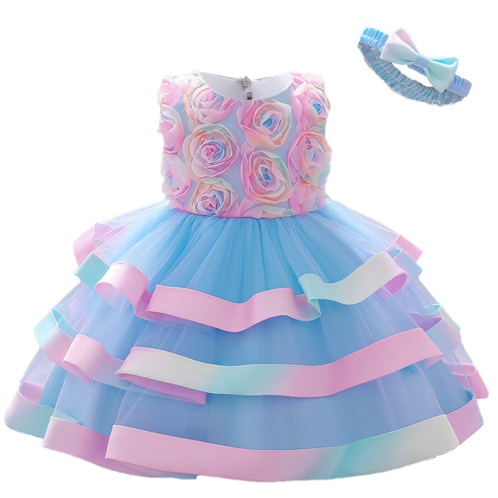 Vestido para niñas, vestido de bautizo para bebés de un año, vestido de princesa con flores tridimensionales de malla, vestido de cumpleaños con falda abullonada de colores.