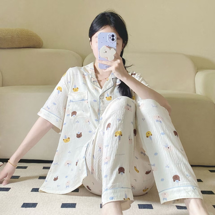 Verano nuevo pijama de amor mujer adorable oso simple ocio delgado nubes algodón ropa doméstica dos piezas conjunto al por mayor