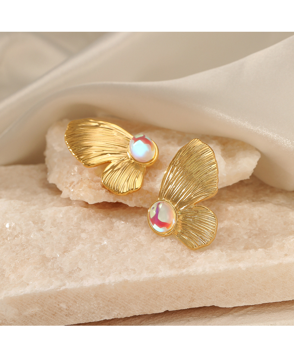 Retro Butterfly Stainless Steel Inlay Artificial Gemstones Ear Studs 1 Pair