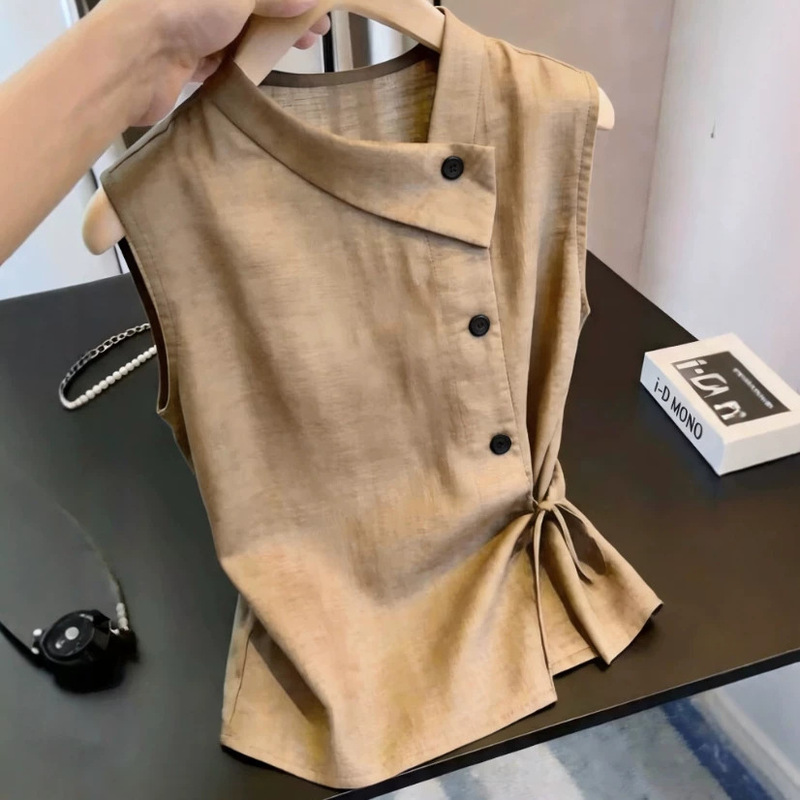 【Large stock available】2026 new cross-border sleeveless design top with irregular neckline and waist-cinching for women 【Large stock available】2026 new cross-border sleeveless design top with irregular neckline and waist-cinching for women