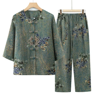 中老年人春夏款衬衣女奶奶中袖套装印花上衣服60岁70太太秋装衬衣