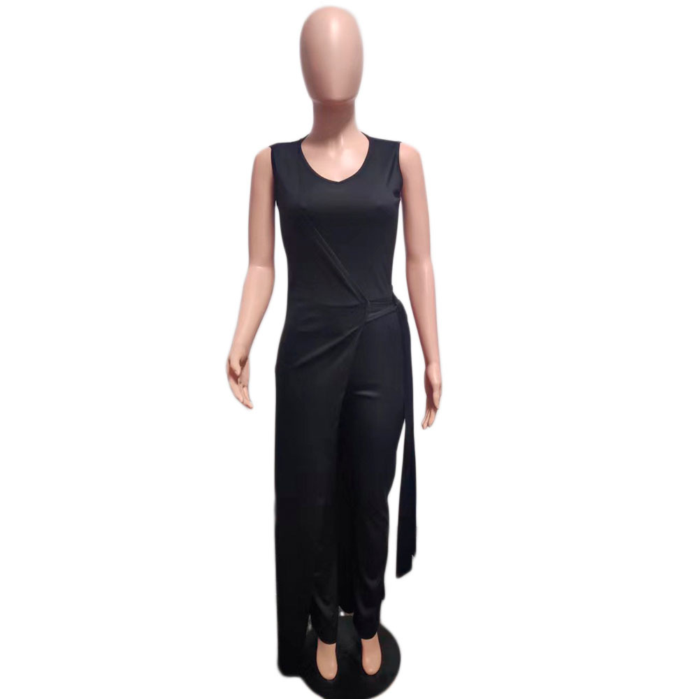 Women's Jumpsuit Summer Fashion Tied Detail V-Neck Casual Plain Sleeveless Asymmetrical Long Jumpsuit . S-2x image