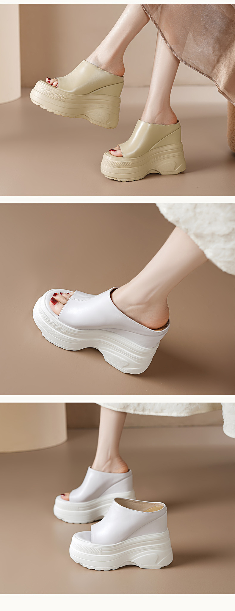 Dép sandal cao gót nữ hở mũi đế xuồng 15 cm da thật — Màu đen, Màu trắng, Màu mơ chi tiết 4